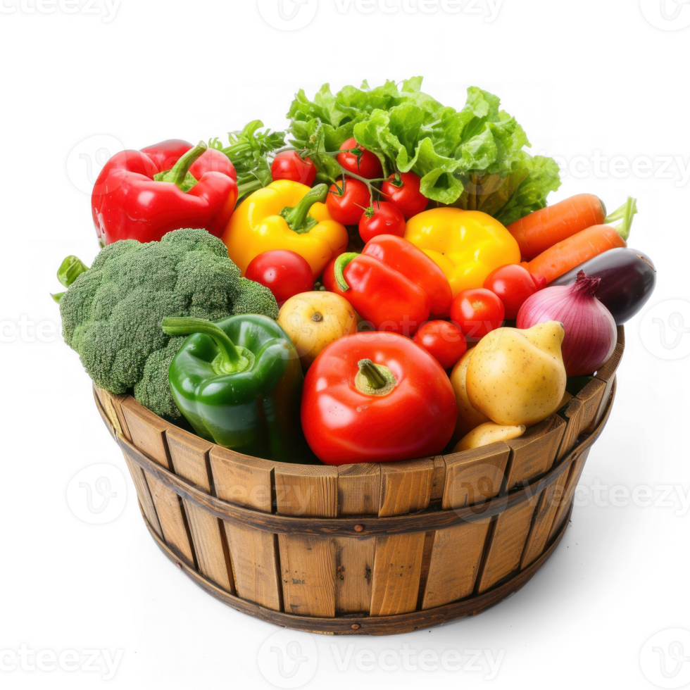 Colorful Mixed Vegetables in a Wooden Basket Isolated. Professional photography. White Background. Studio Photography png