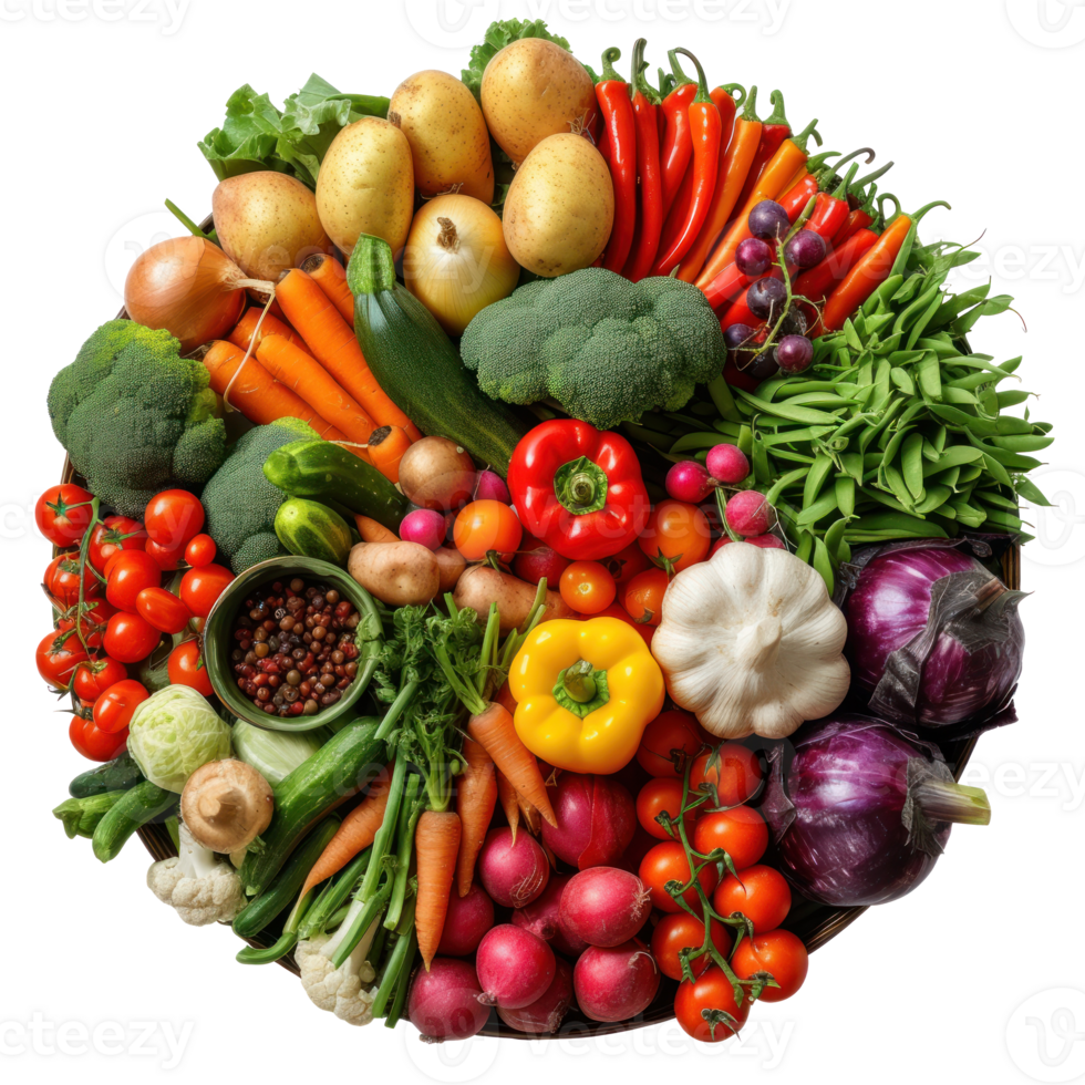 Veggie Filled with various vegetables food plating by aspect ratio and rendered , high resolution texture, ray tracing, isolated transparent background png