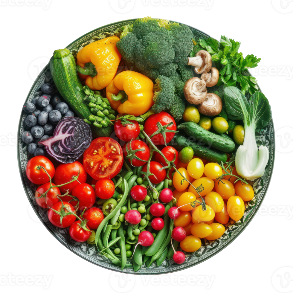 Veggie Filled with various vegetables food plating by aspect ratio and rendered , high resolution texture, ray tracing, isolated transparent background png