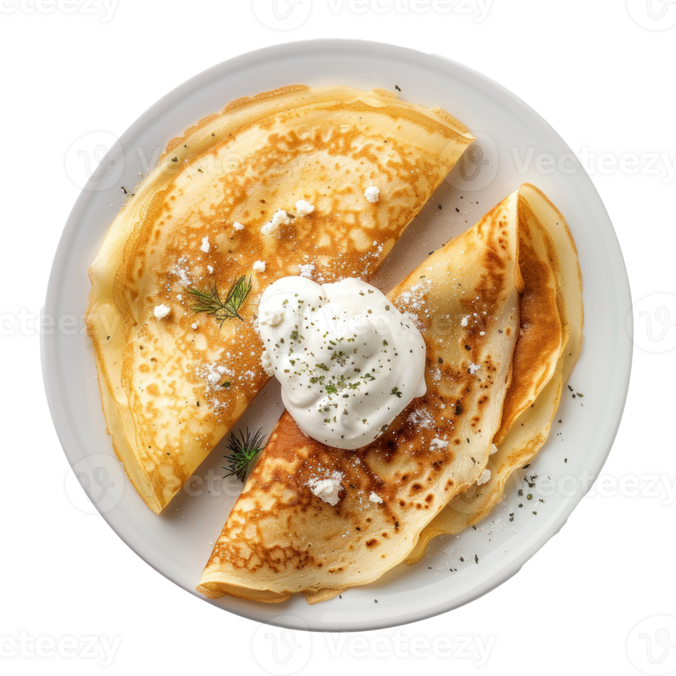 crepes with cottage cheese and sour cream on a plate, top view, transparent background png