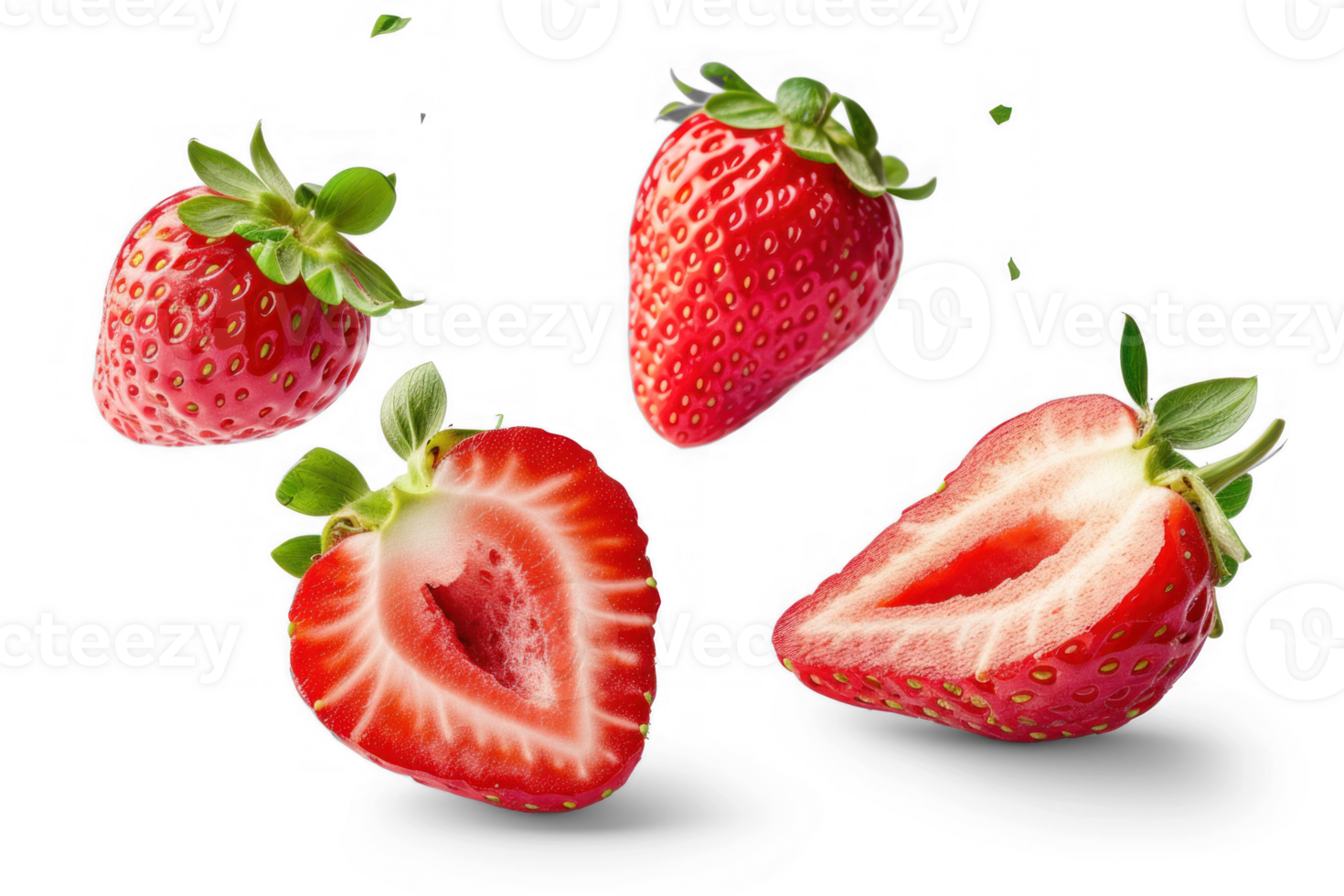 Isolated strawberries. Falling strawberry fruits whole and cut in half isolated on transparent background png