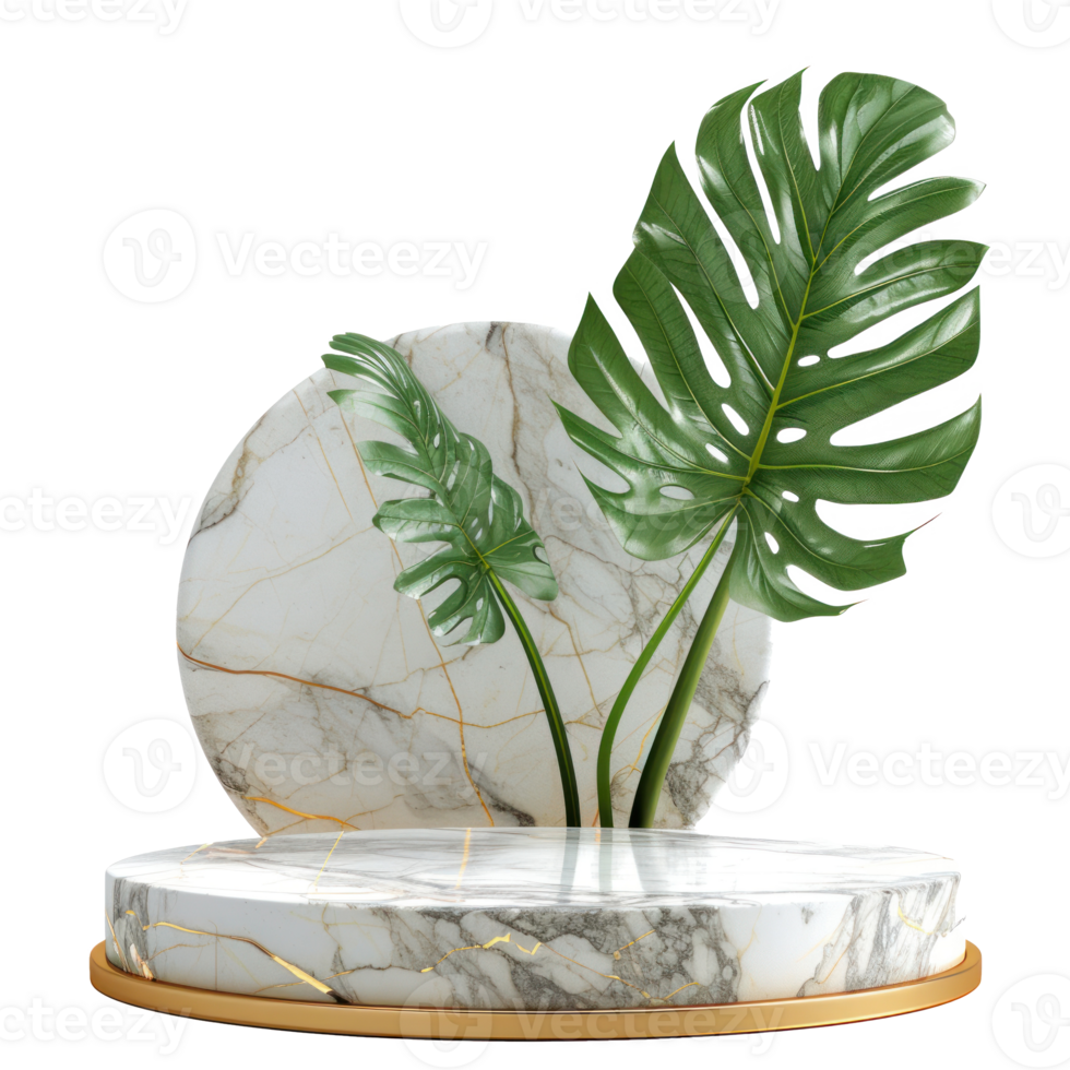 white and gold stone marble podium with green leave transparent background png