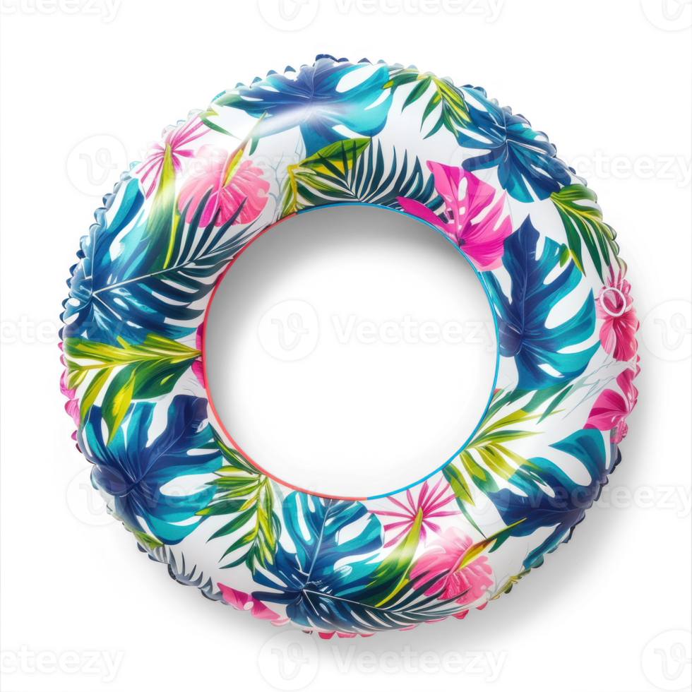 round inflatable swimming belt top view tropical pattern isolated on transparent background png