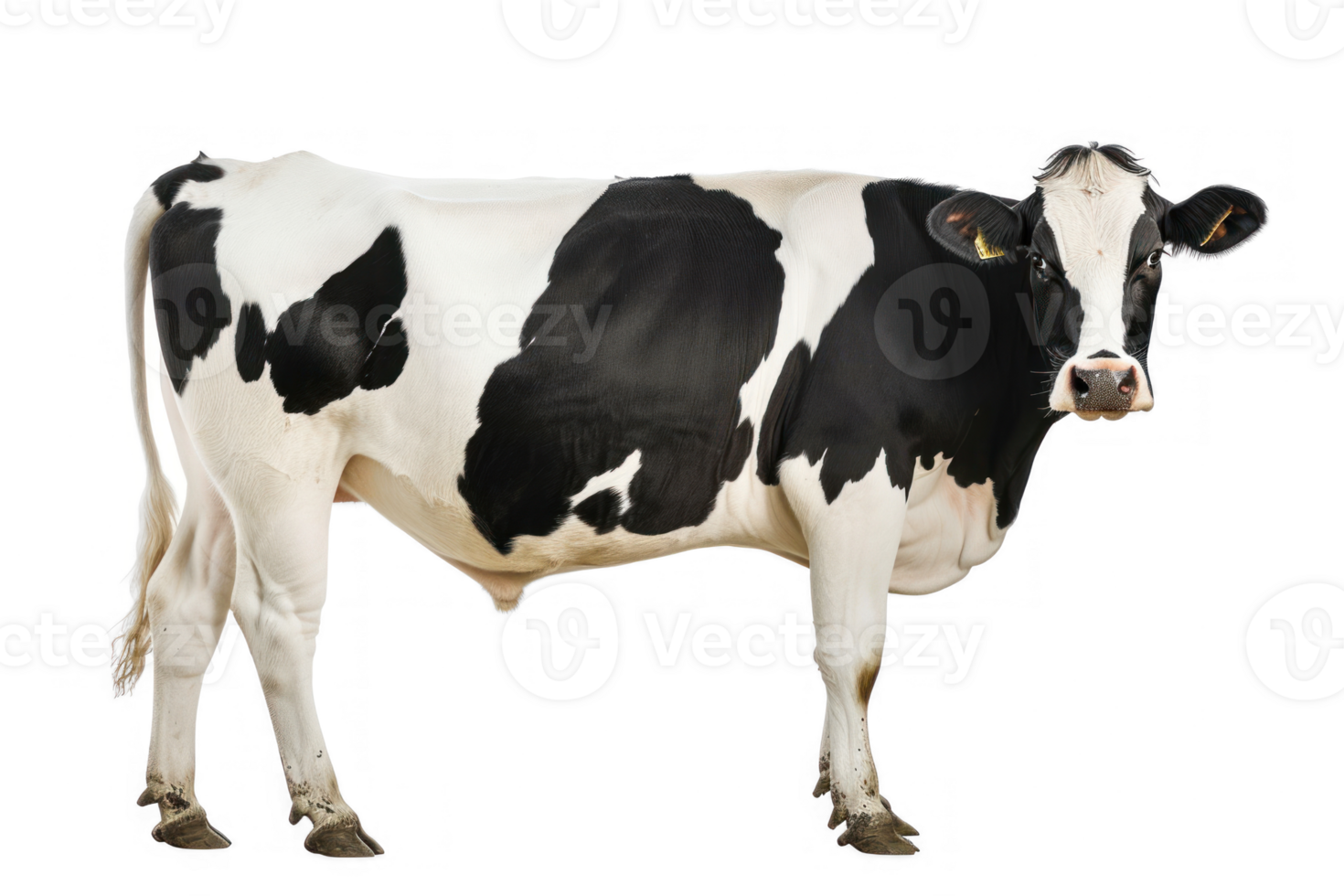 Side view of a strong black and white cow, milk cow, cute and fat, transparent background png