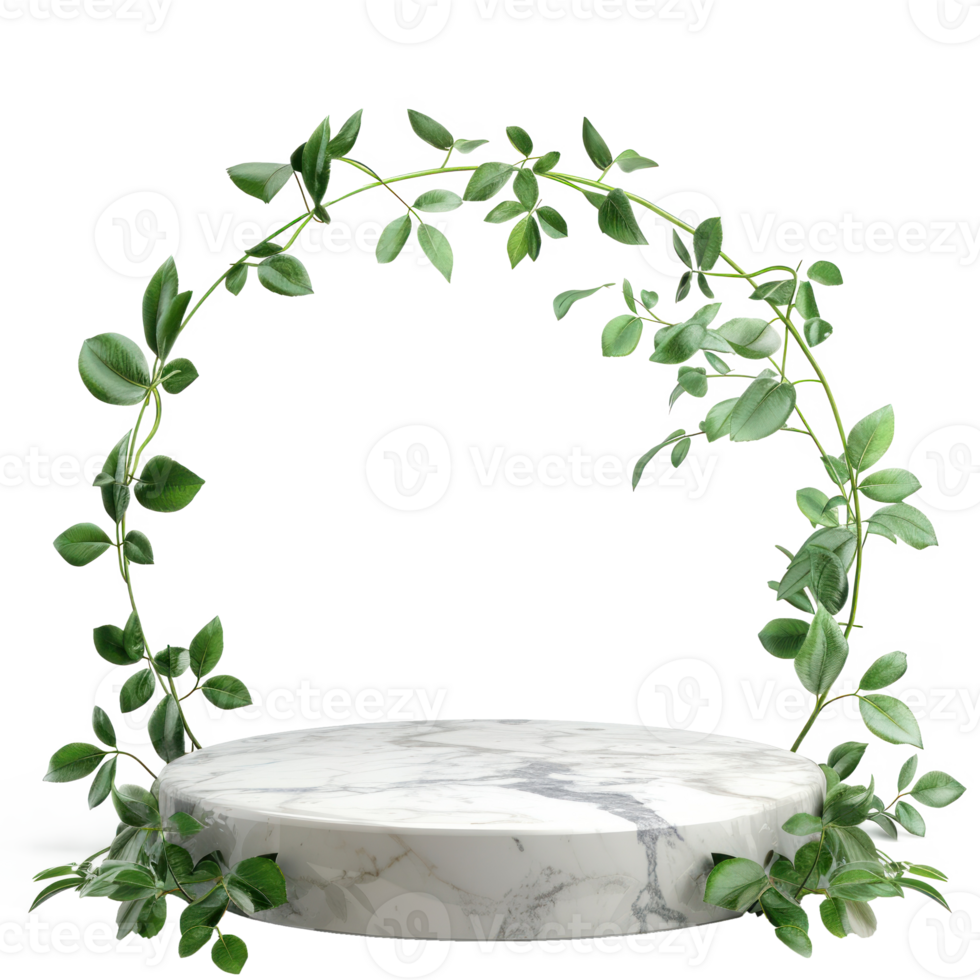 white stone marble podium with green leave transparent background png