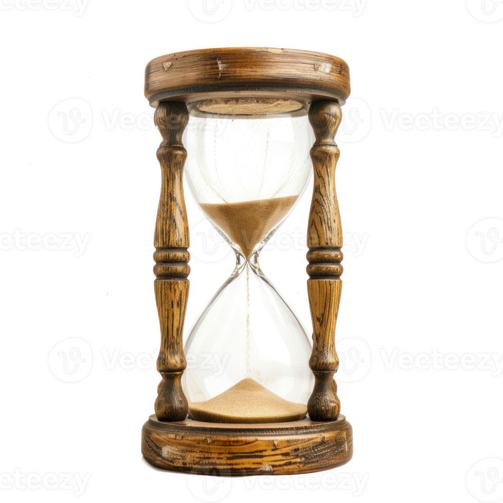 A classic hourglass with sand flowing through it isolated in the middle on the transparent background png