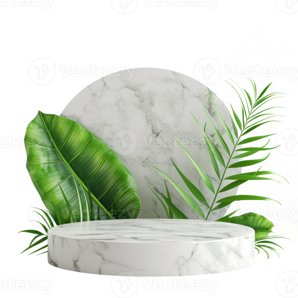 white stone marble podium with green leave transparent background png