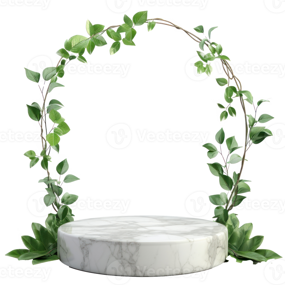 white stone marble podium with green leave transparent background png