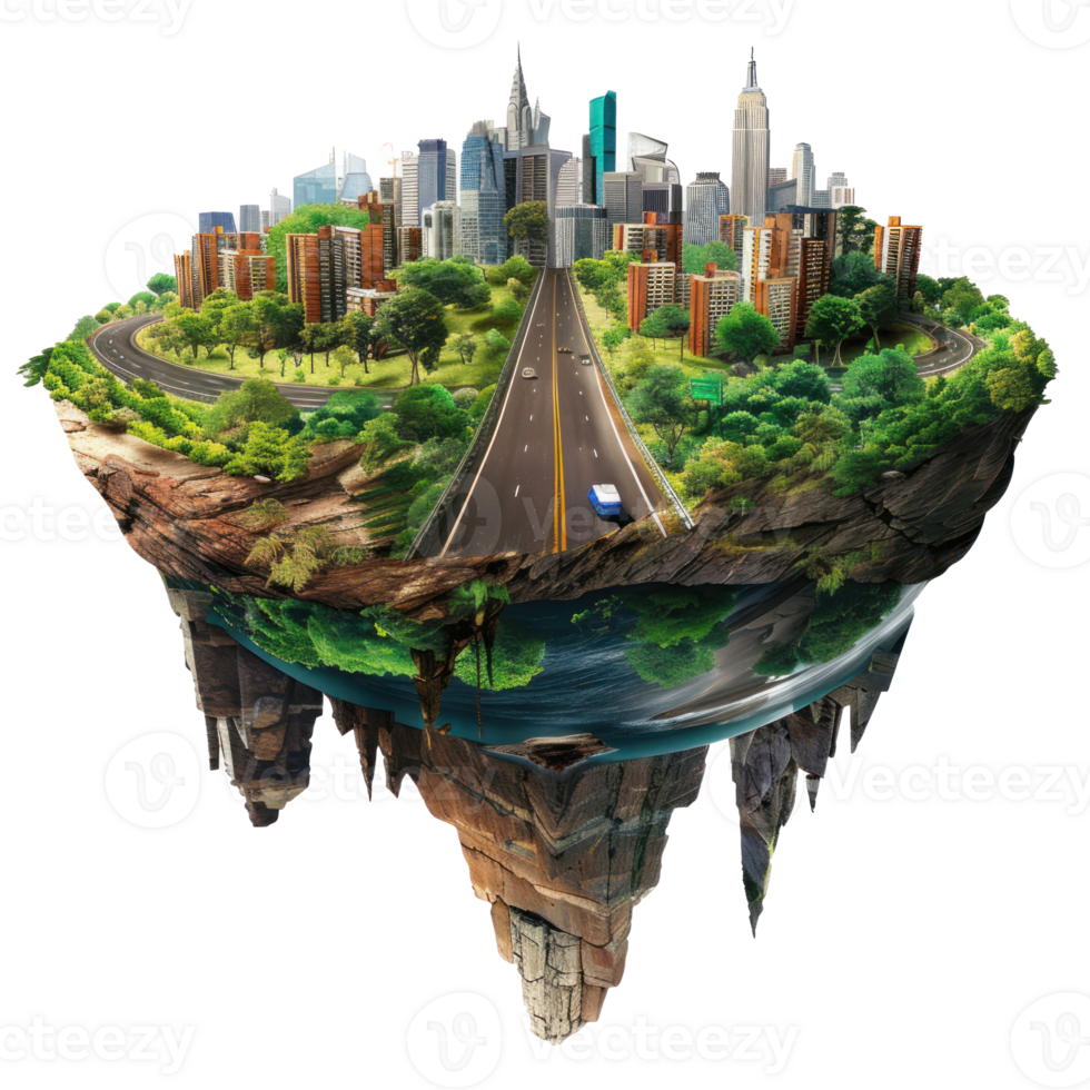 flying island with road and modern city isolate transparent background png