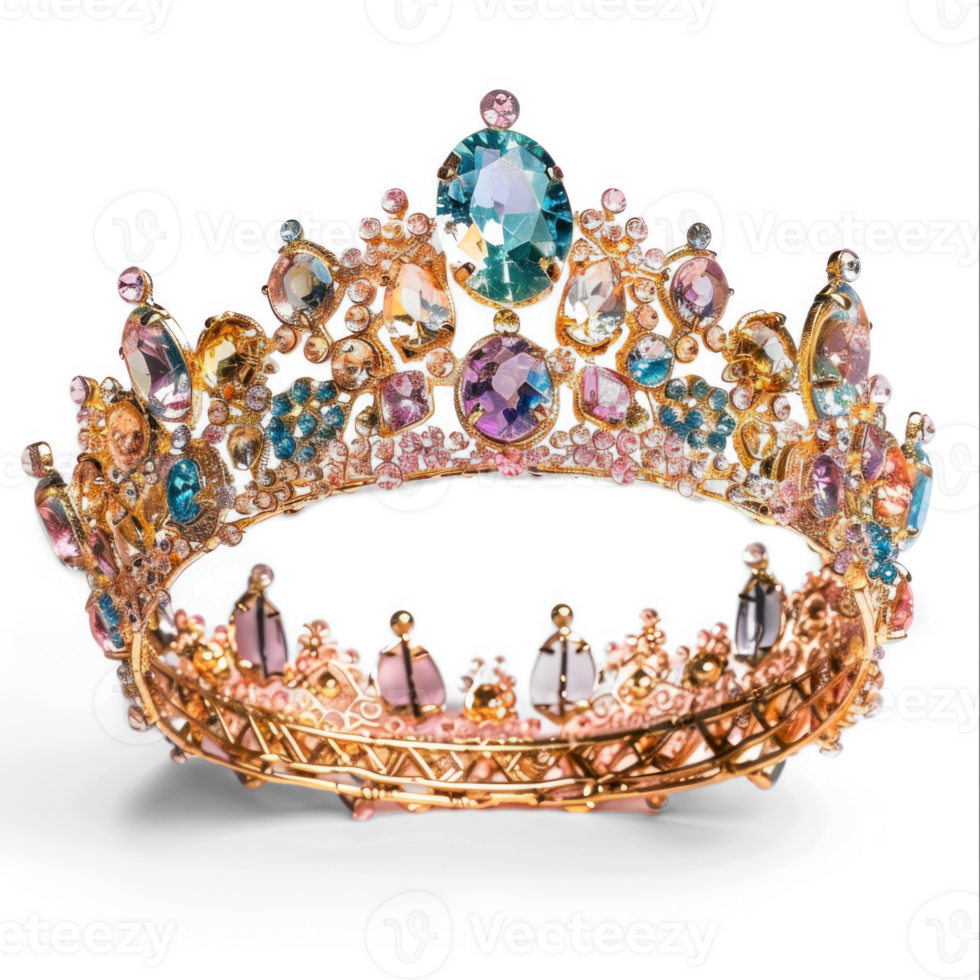 princess golden crown with colorful jem stones isolated on transparent background png