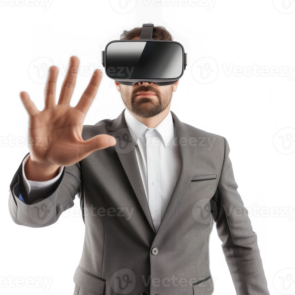 businessman wearing modern VR vision headset, half body with hand gesture on transparent background png