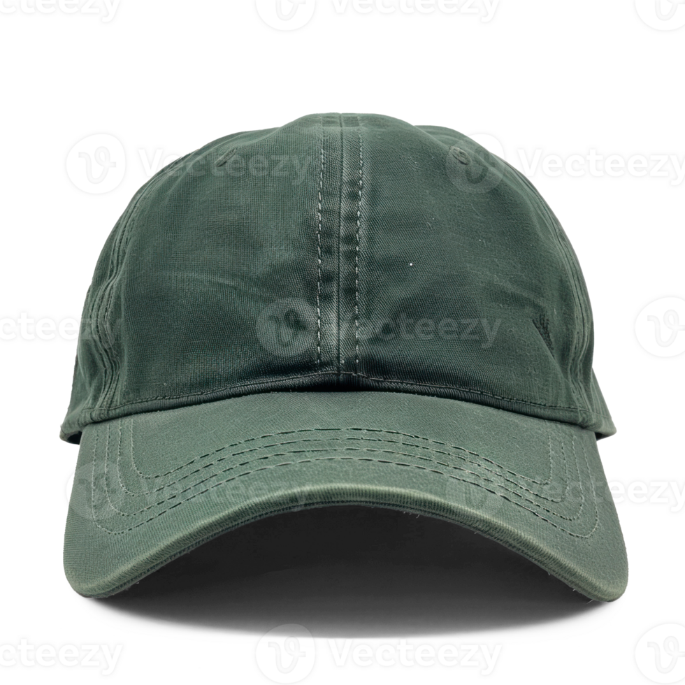 a product studio photograph of a slightly shorter dark forest green dad hat taken at 0 degrees with a well illuminated plain transparent background png