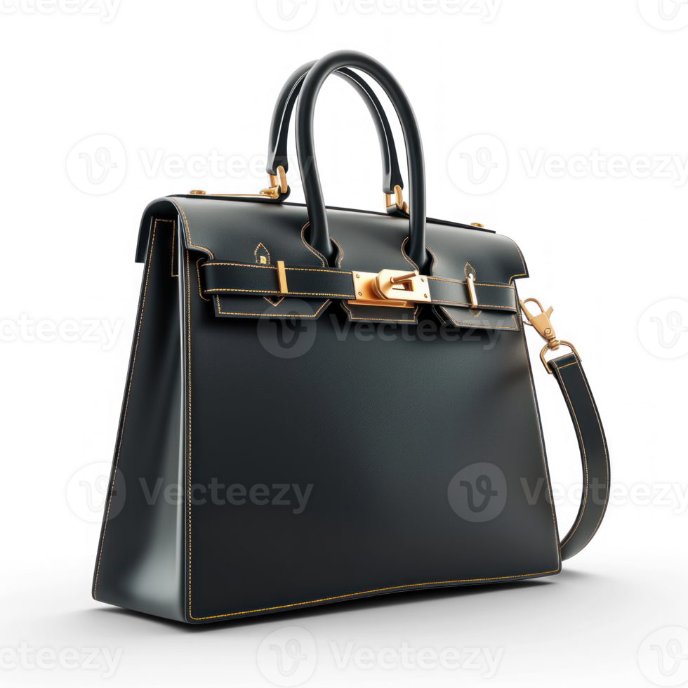 editorial photography of a high-end luxury leather bag, black color with gold hardware, isolated on transparent background png
