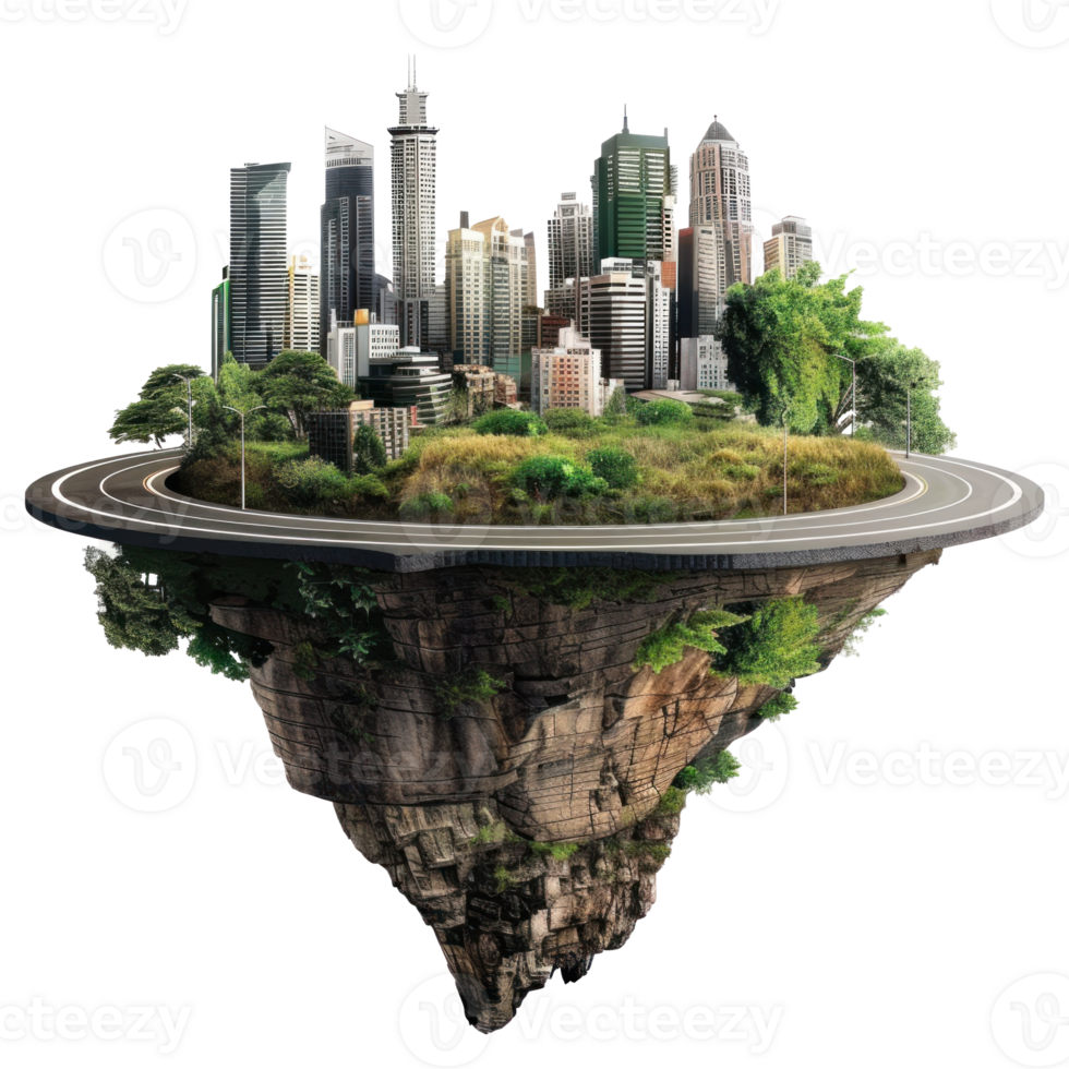 flying island with road and modern city isolate transparent background png