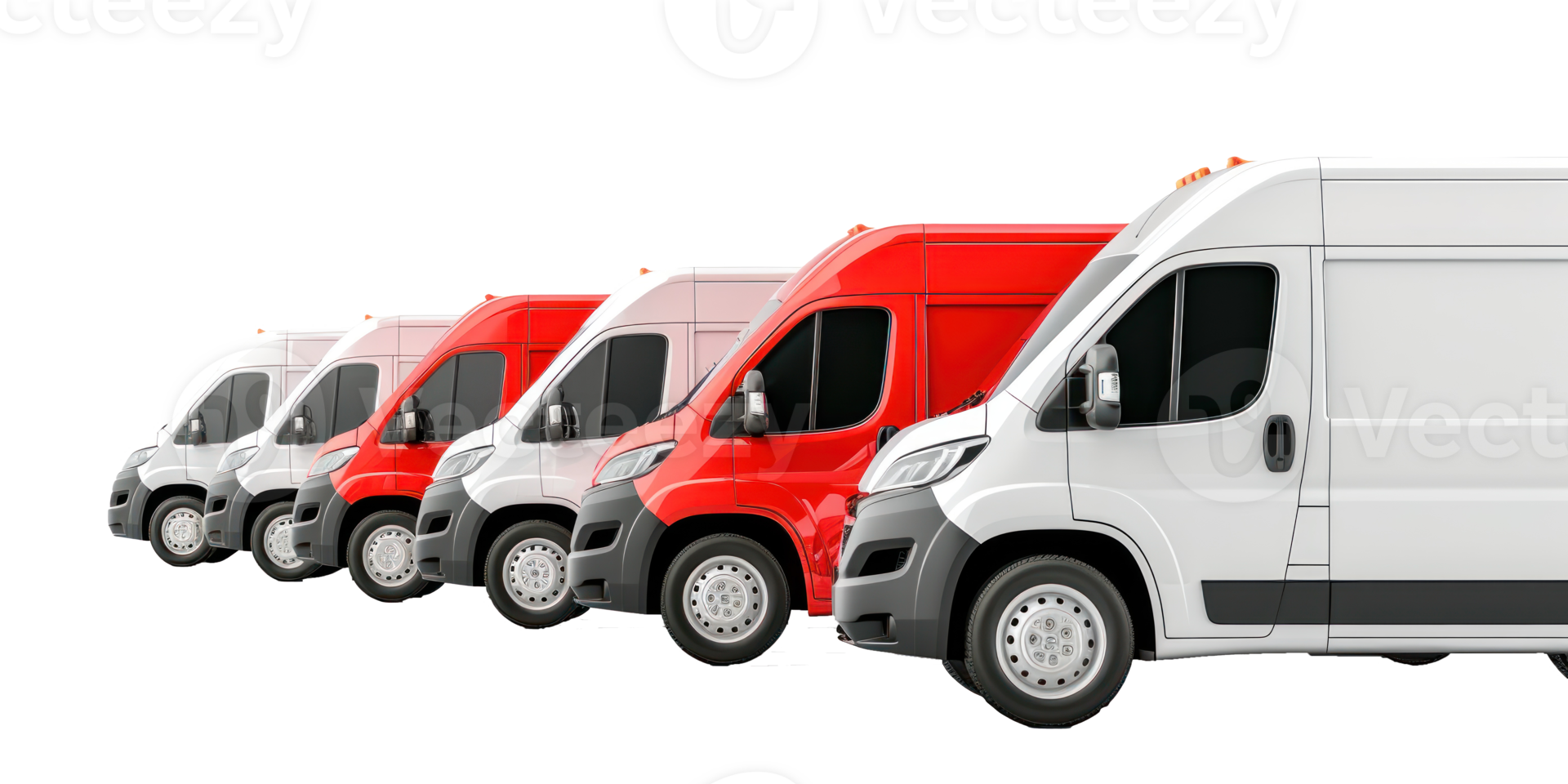 a row of white and red delivery van on transparent background png