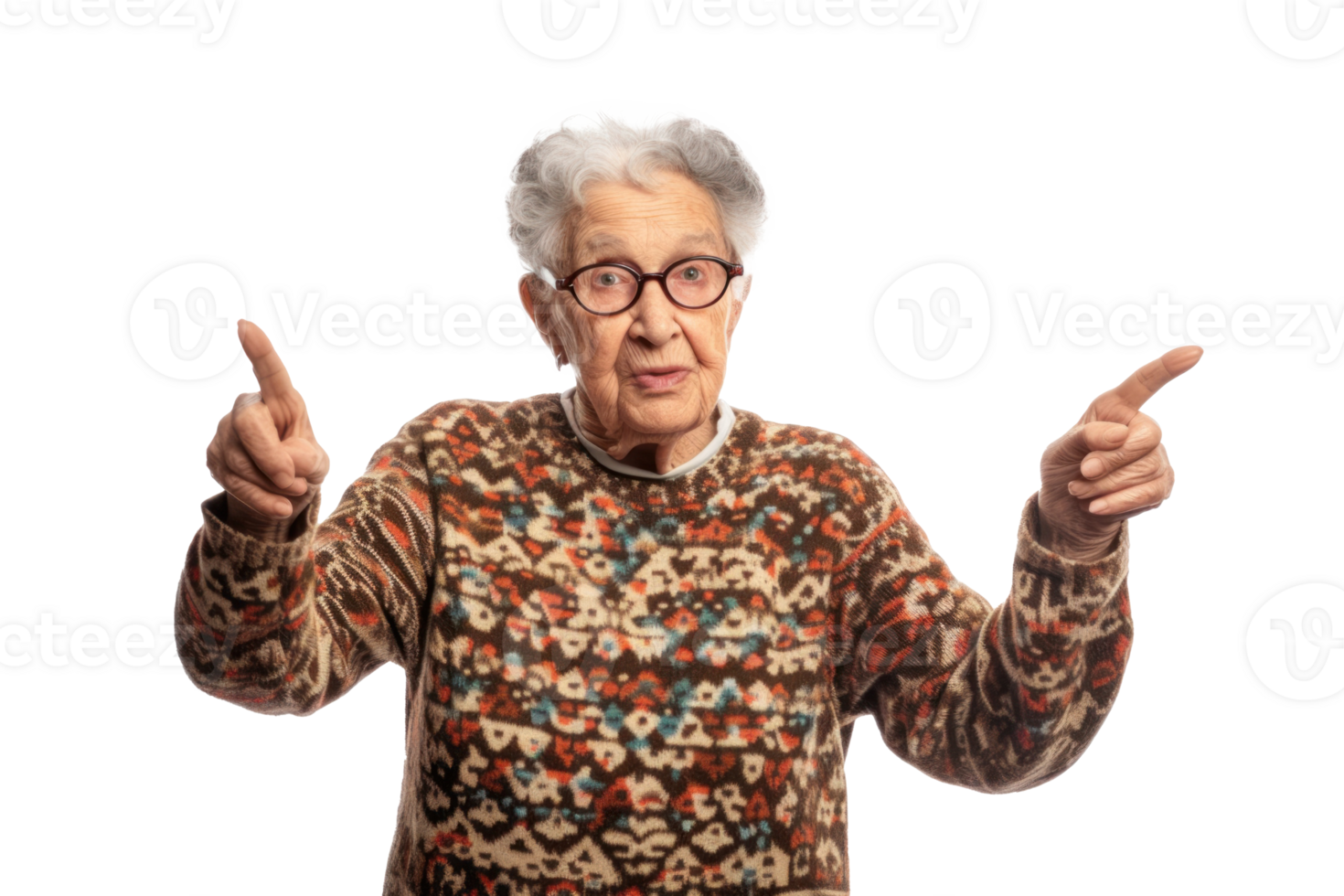 grandmother seen from the front, full body, pointing with both hands to the sides, on a transparent background png