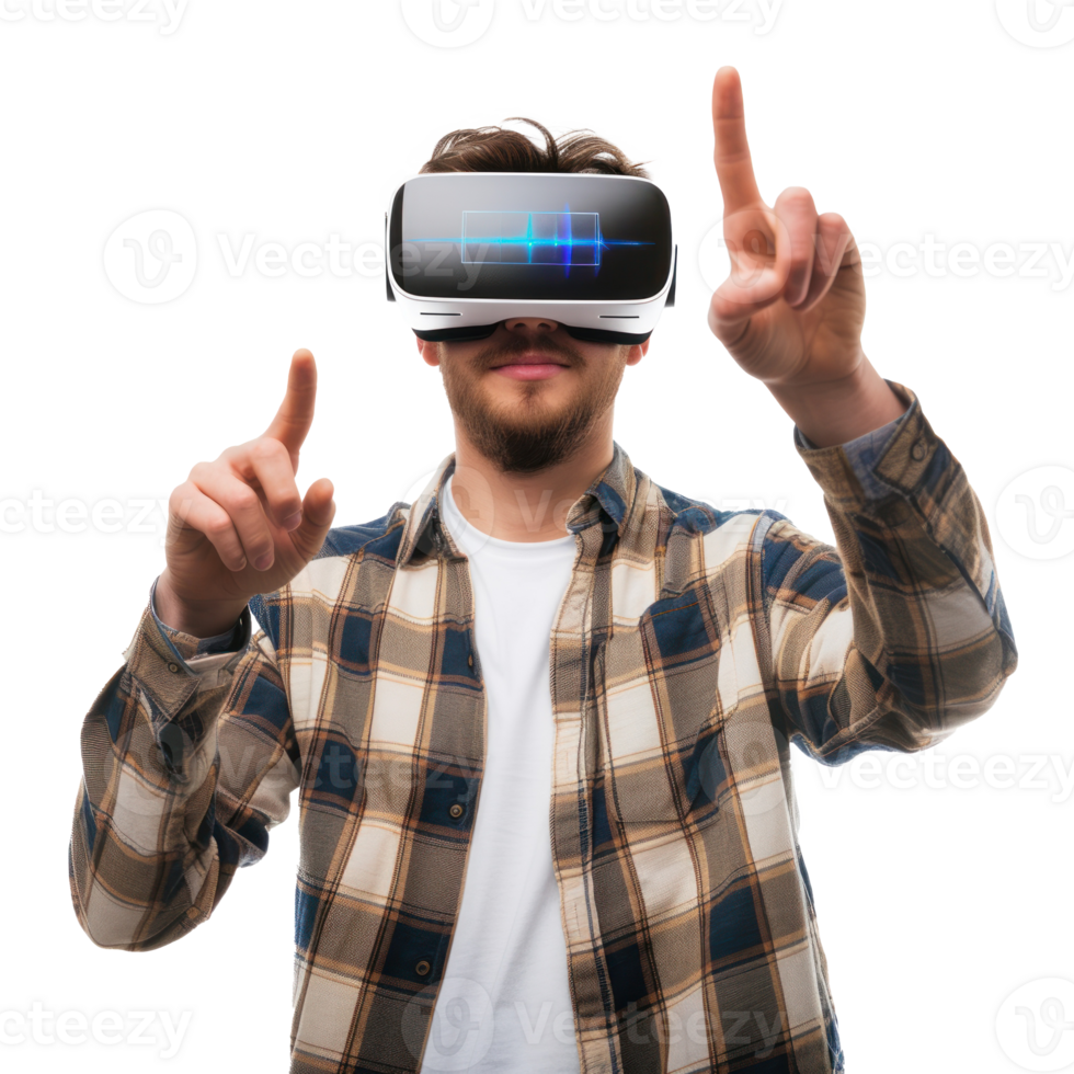 man wearing modern VR vision headset, half body with hand gesture on transparent background png