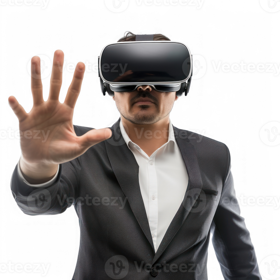businessman wearing modern VR vision headset, half body with hand gesture on transparent background png