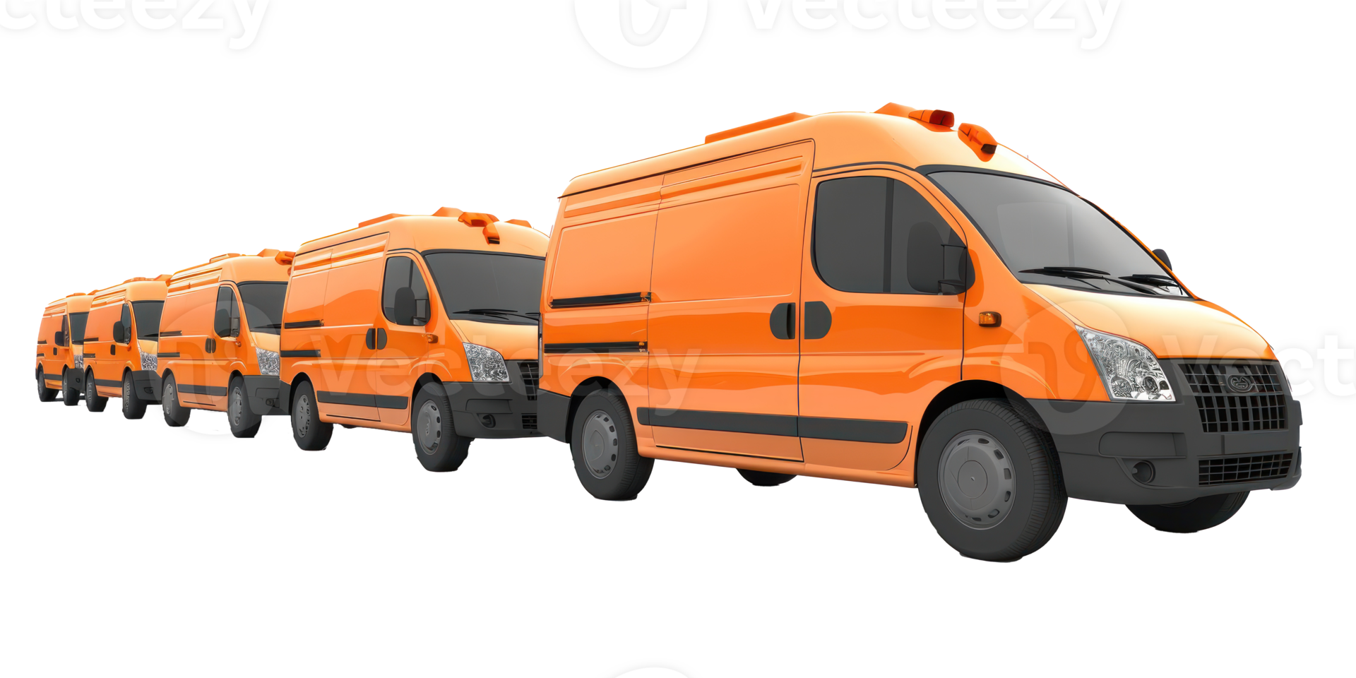 a row of orange delivery van on transparent background png