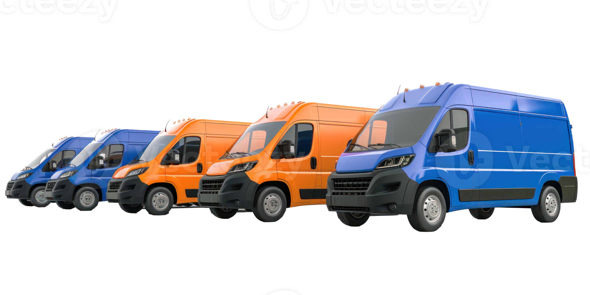 a row of blue and orange delivery van on transparent background png