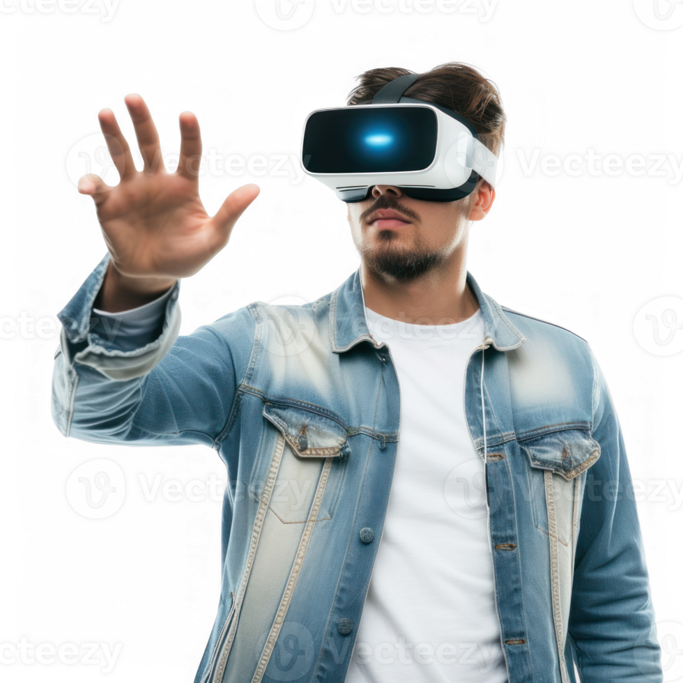 man wearing modern VR vision headset, half body with hand gesture on transparent background png