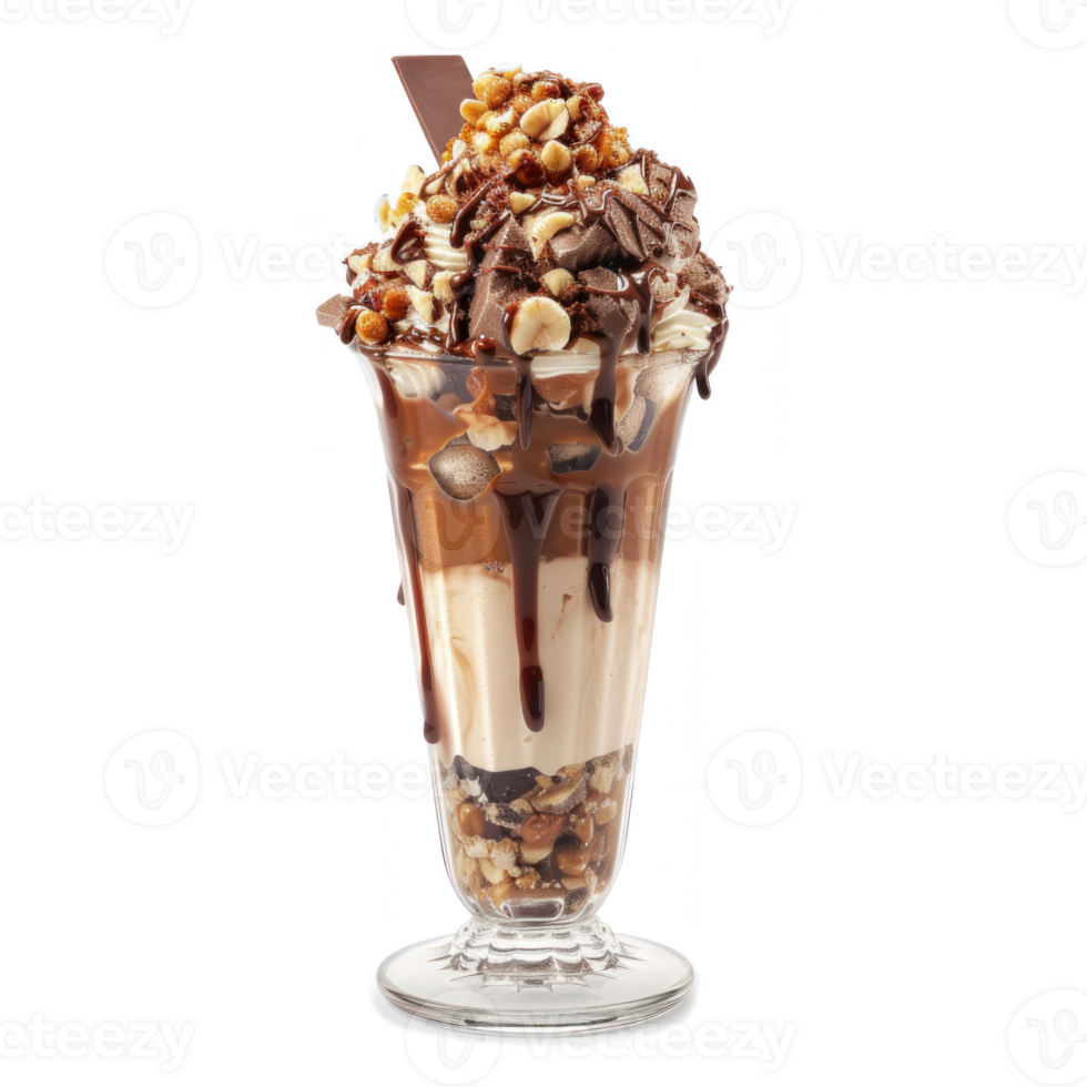 8k photoshoot of a choc nut sundae with nuts in a tall glass on transparent background png
