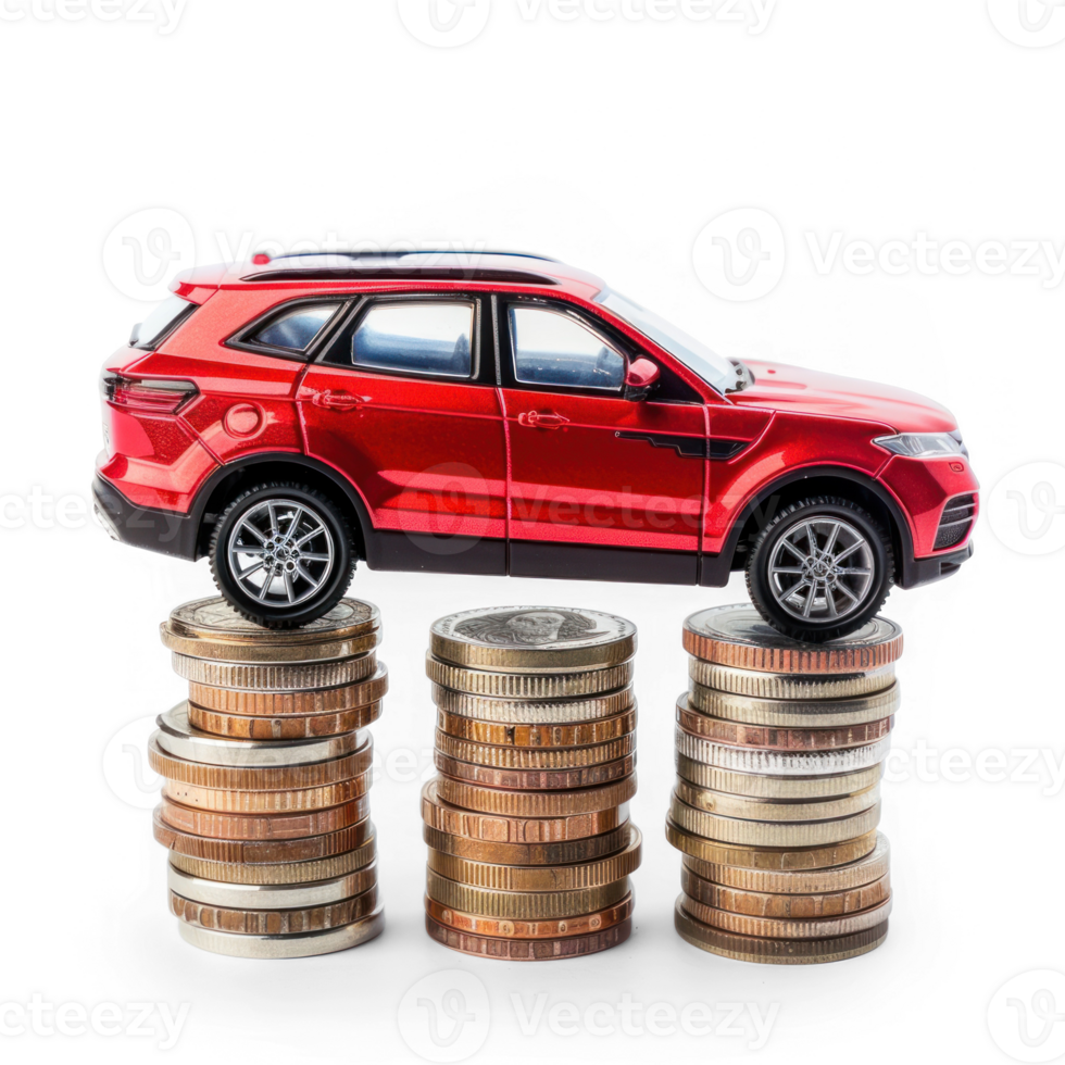 modern red SUV car on stack coins transparent background png