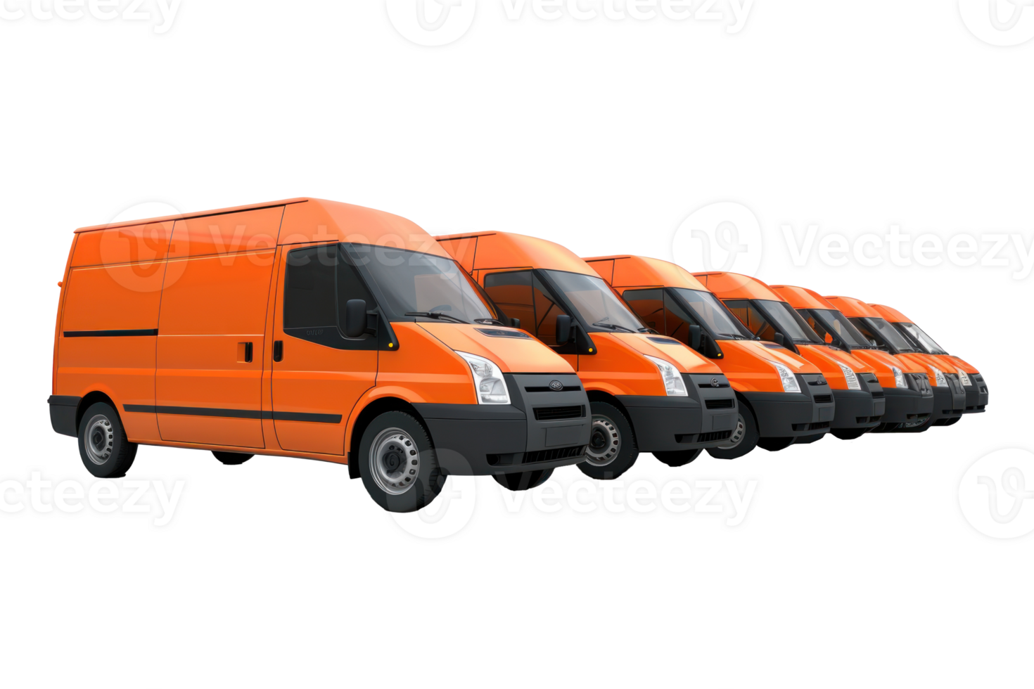 a row of orange delivery van on transparent background png