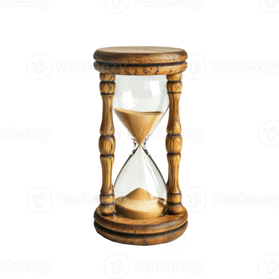 A classic hourglass with sand flowing through it isolated in the middle on the transparent background png