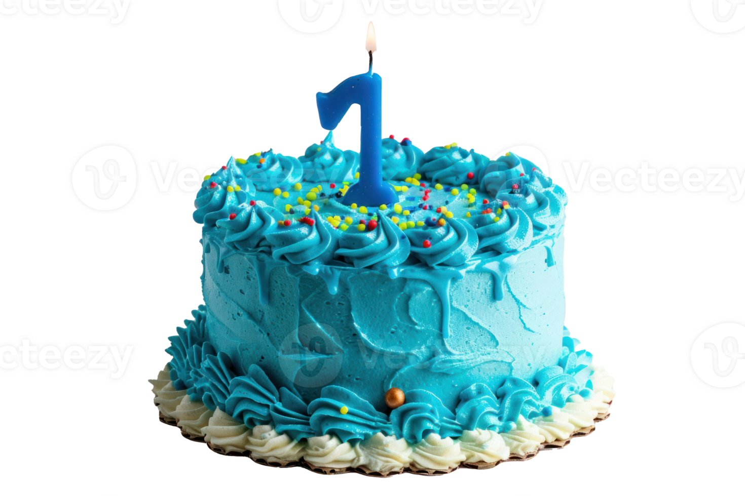 small blue cake one year birthday on transparent background png