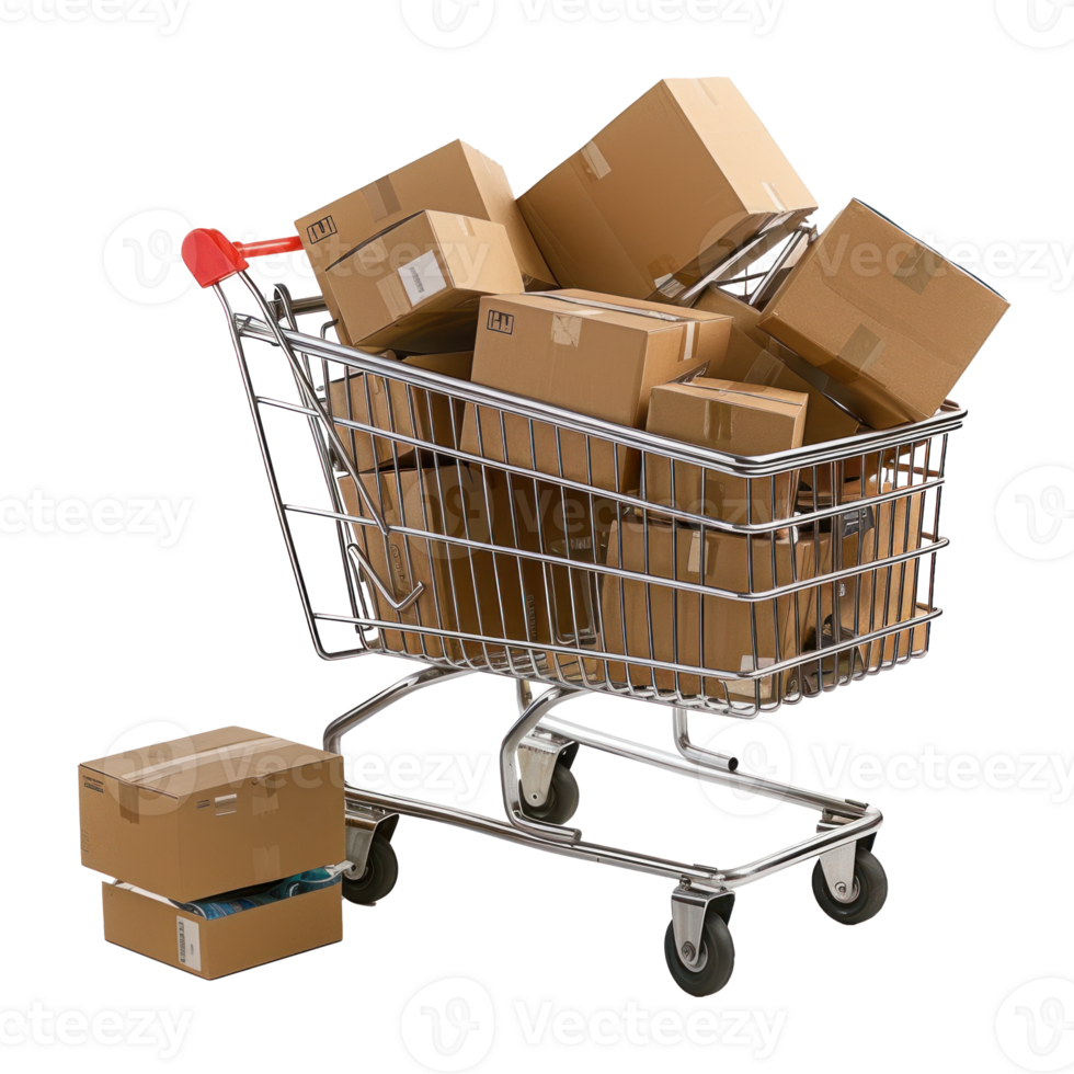 shopping cart full of cardboard box, transparent background png