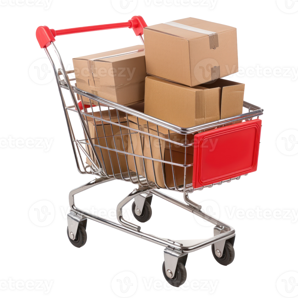 shopping cart full of cardboard box, transparent background png