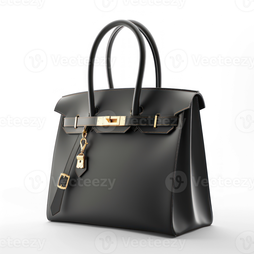 editorial photography of a high-end luxury leather bag, black color with gold hardware, isolated on transparent background png