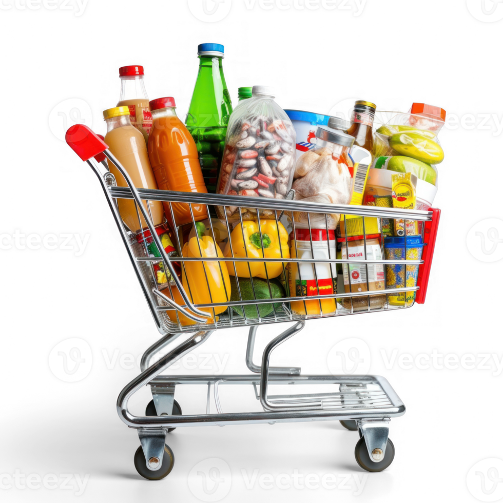 supermarket shopping cart full of groceries on transparent background png