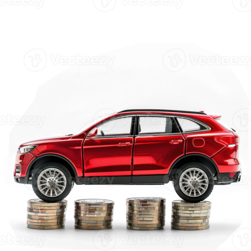 modern red SUV car on stack coins transparent background png