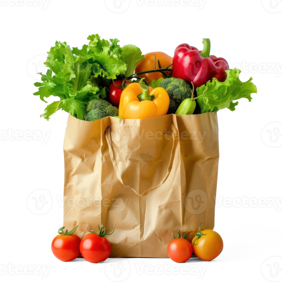 Shopping paper bag full of vegetable on transparent background png