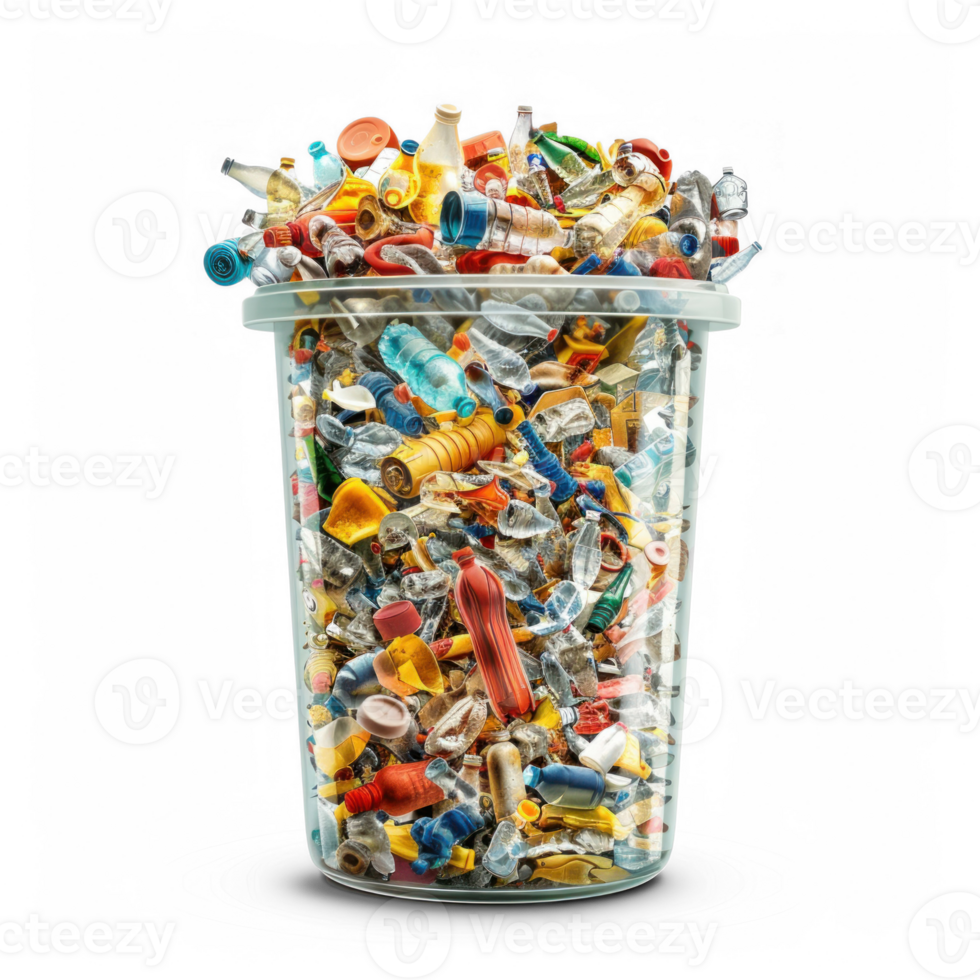 garbage bin made from all sorts of plastic waste, photorealistic, recycle icon, collage style transparent background png