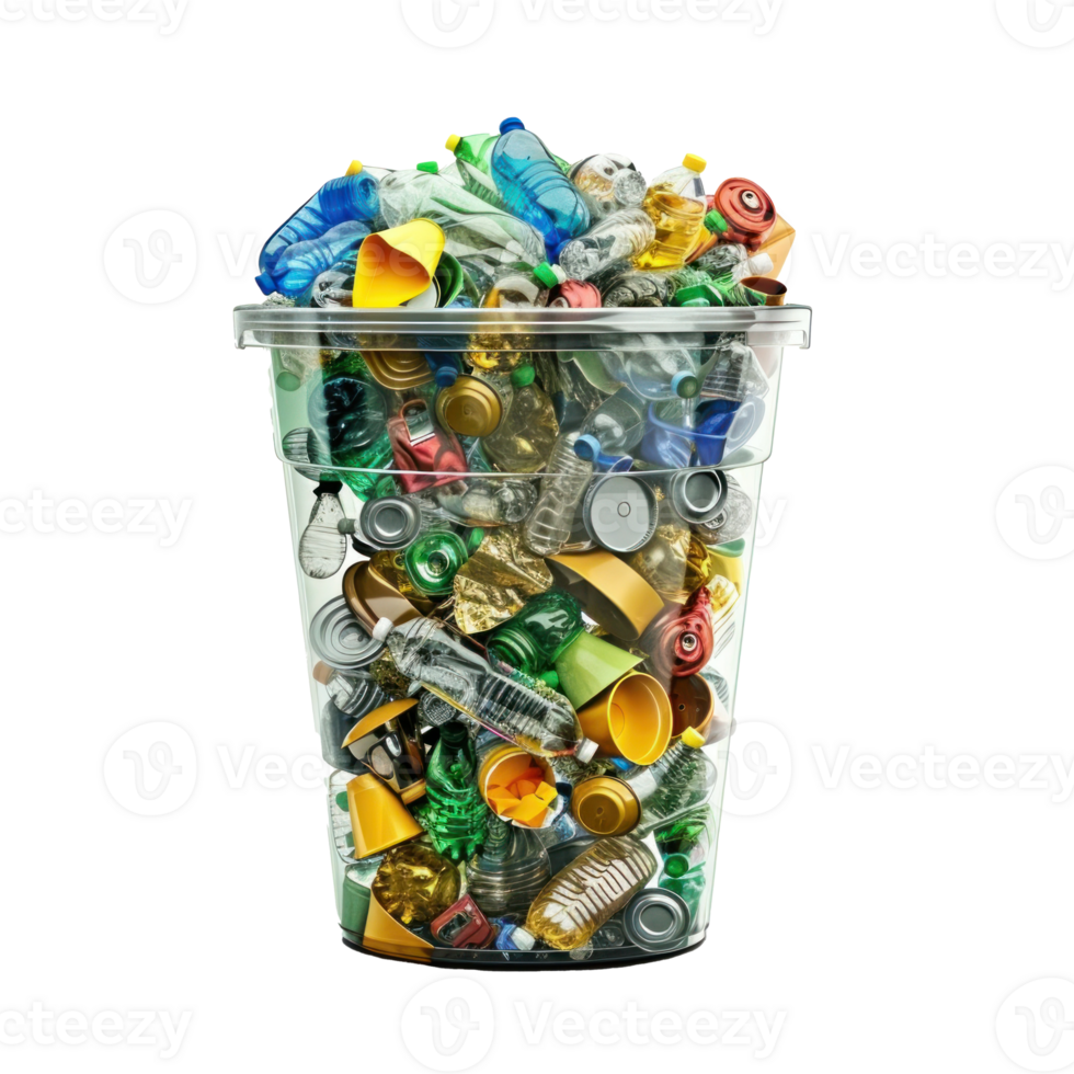 garbage bin made from all sorts of plastic waste, photorealistic, recycle icon, collage style transparent background png