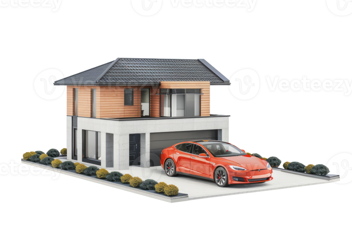modern house and car 3d isolate on transparent background png