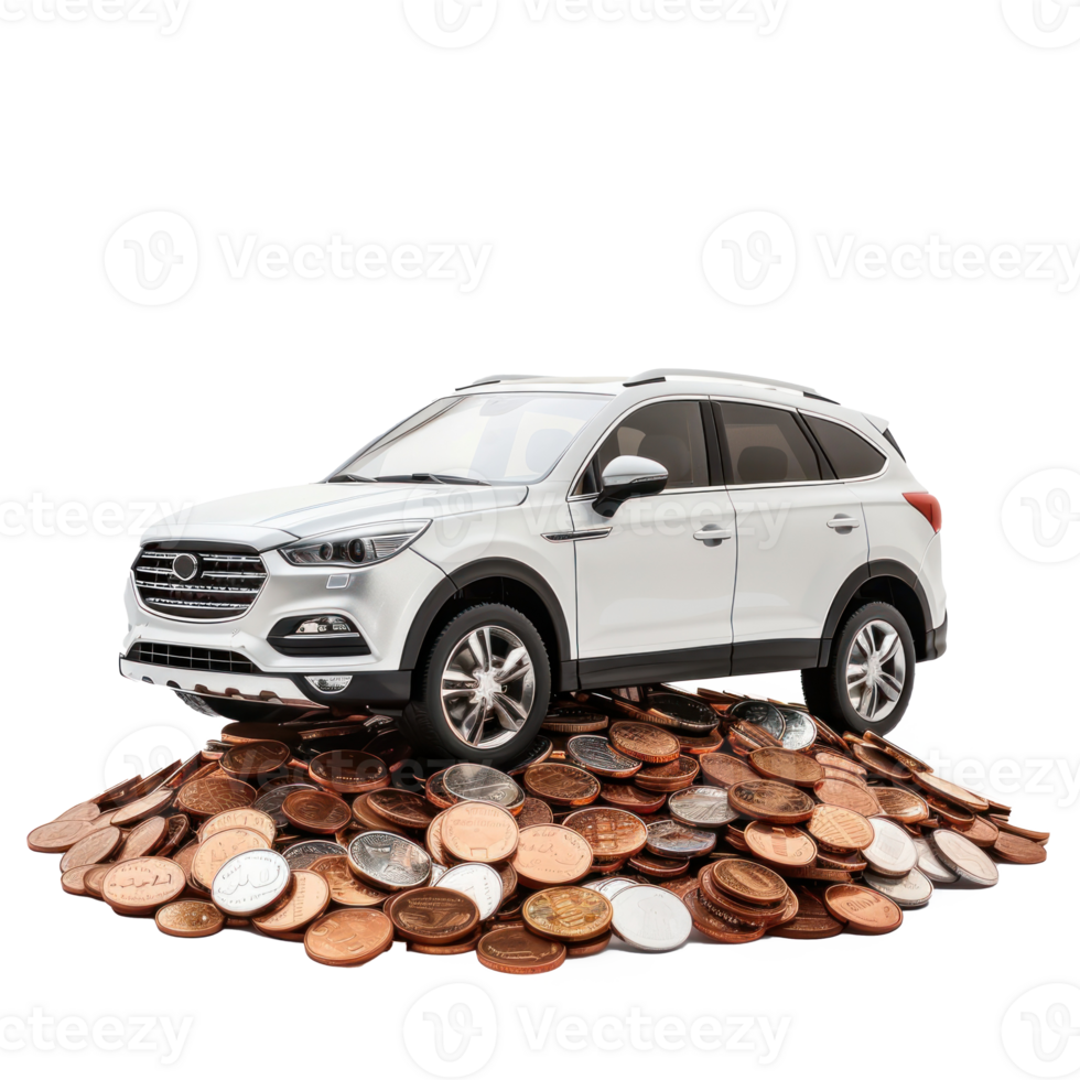 modern SUV car on pile of coins transparent background png