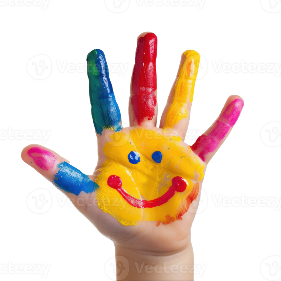 a child's hand painted with a smiley face isolate on transparent background png