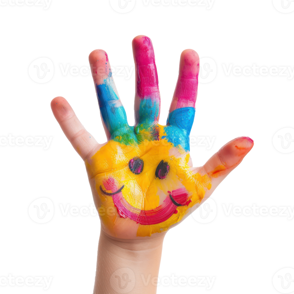 colorful painted child hand with painted smile on transparent background png