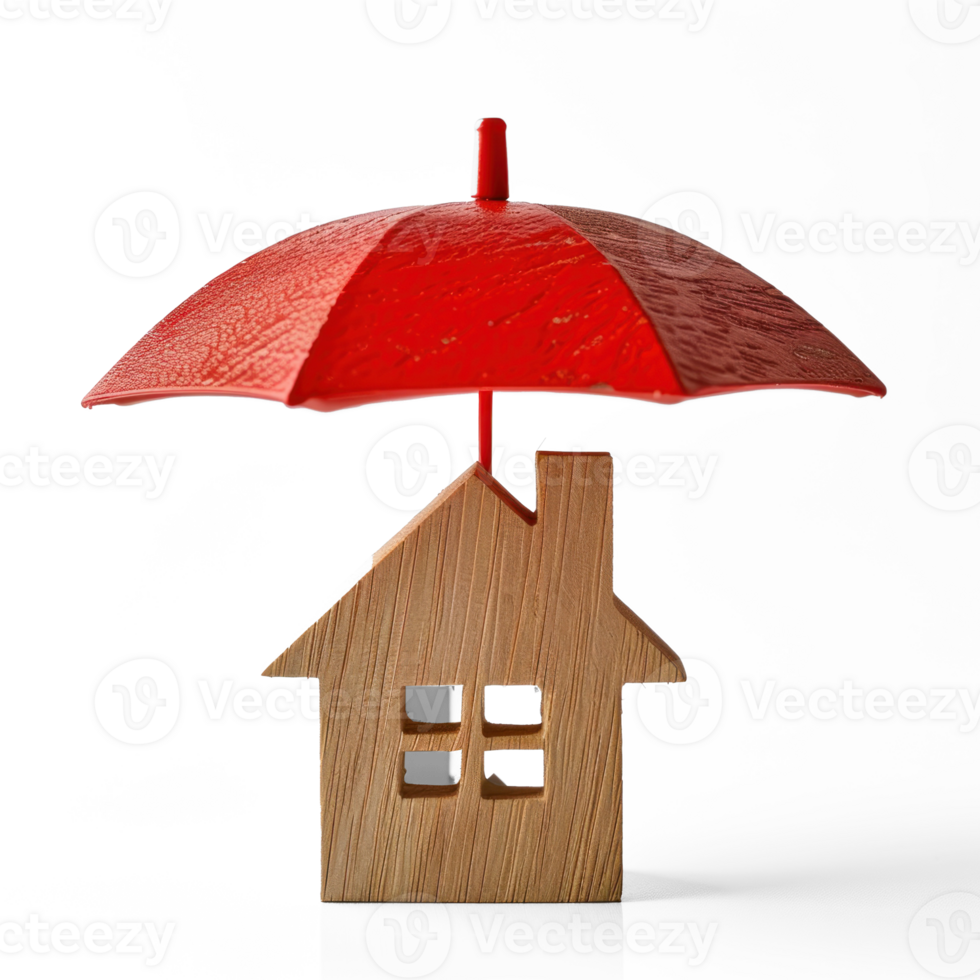 wooden house icon under red umbellar, insurance concept transparent background png
