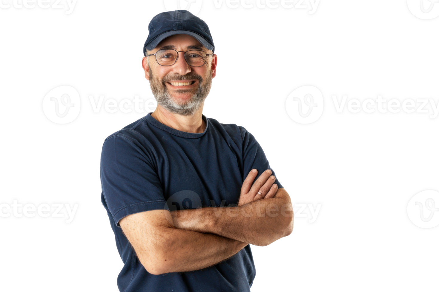 Long Shot photograph of a MAN 40 YEARS OLD, OWNER OF A HARDWARE STORE, happy, T-shirt Blue, STANDING ON WHITE BACKGROUND png