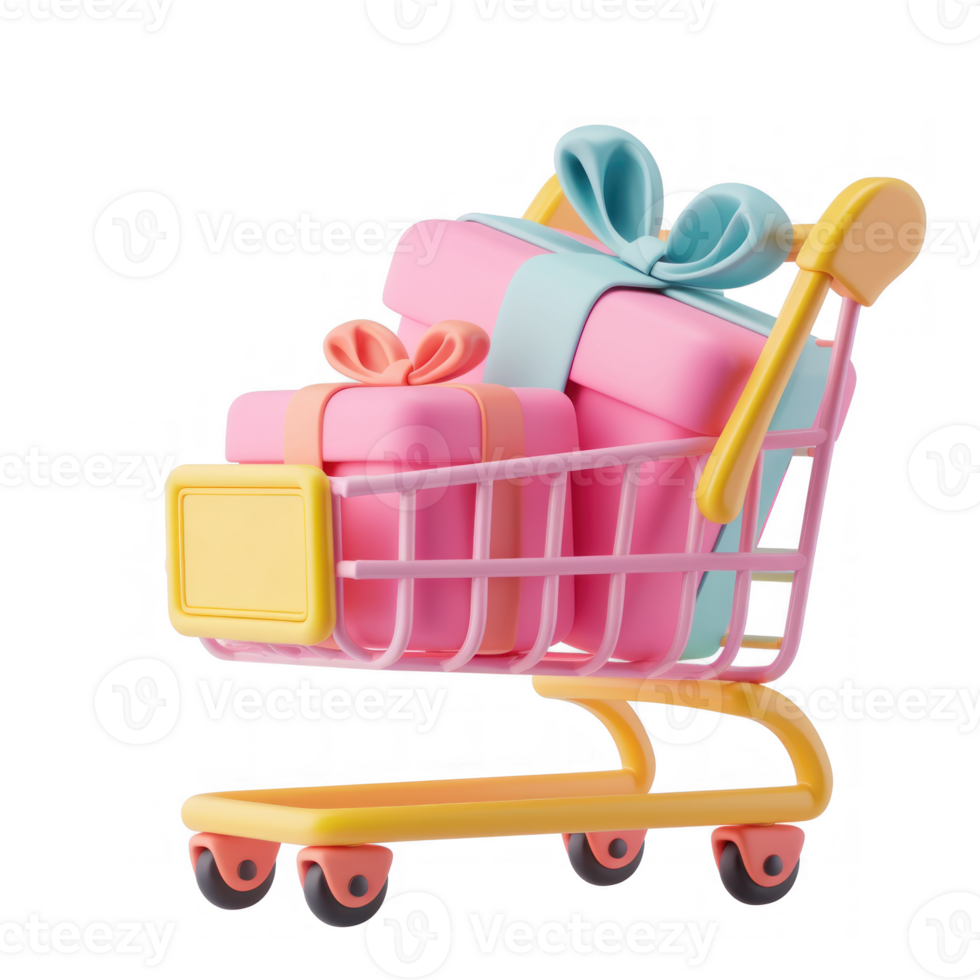 Cute shopping cart icon with a package gift box, 3d, transparent background png