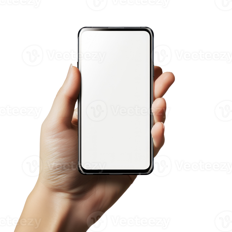 one hand from bottom hold on the mobile phone to the up, transparent background png