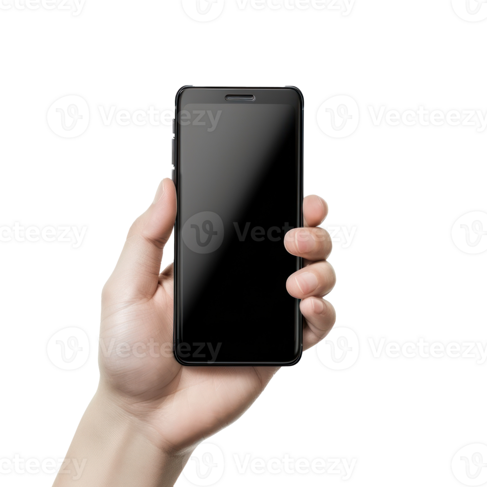 one hand from bottom hold on the mobile phone to the up, transparent background png