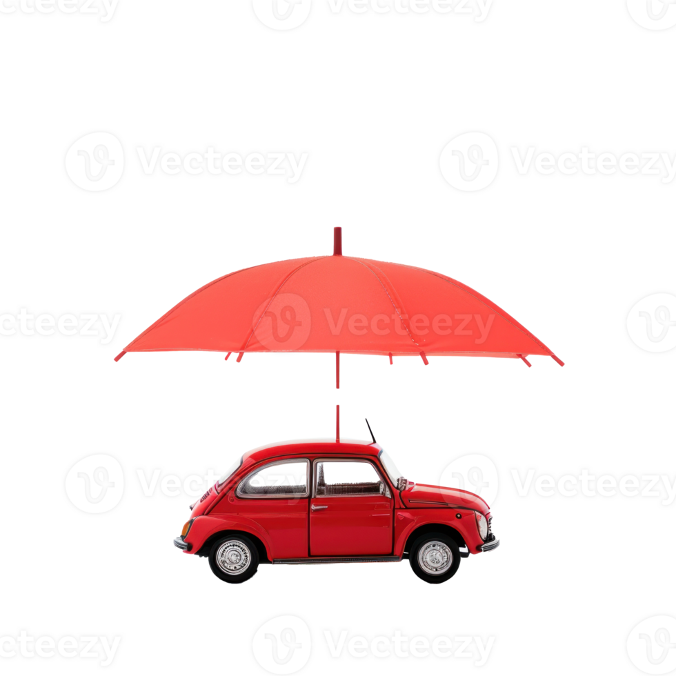 small modern car under red umbellar, insurance concept transparent background png