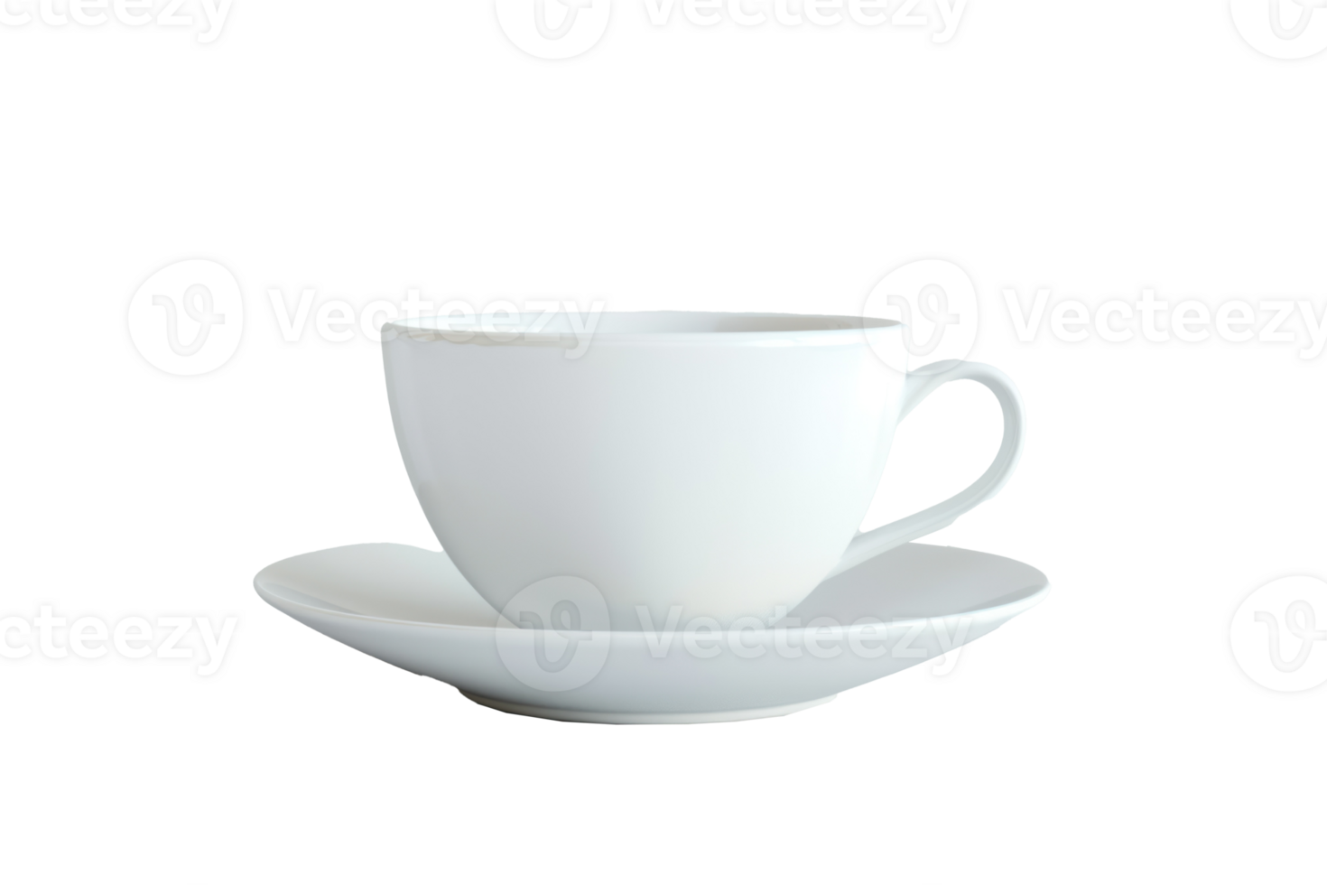 an empty white ceramic saucer viewed from a 45 degree angle on a transparent background png