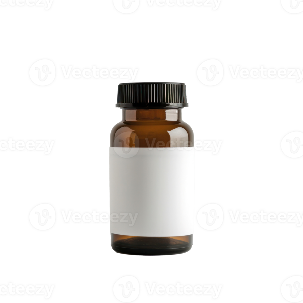 A vitamin bottle with blank label in front of a flat transparent background png
